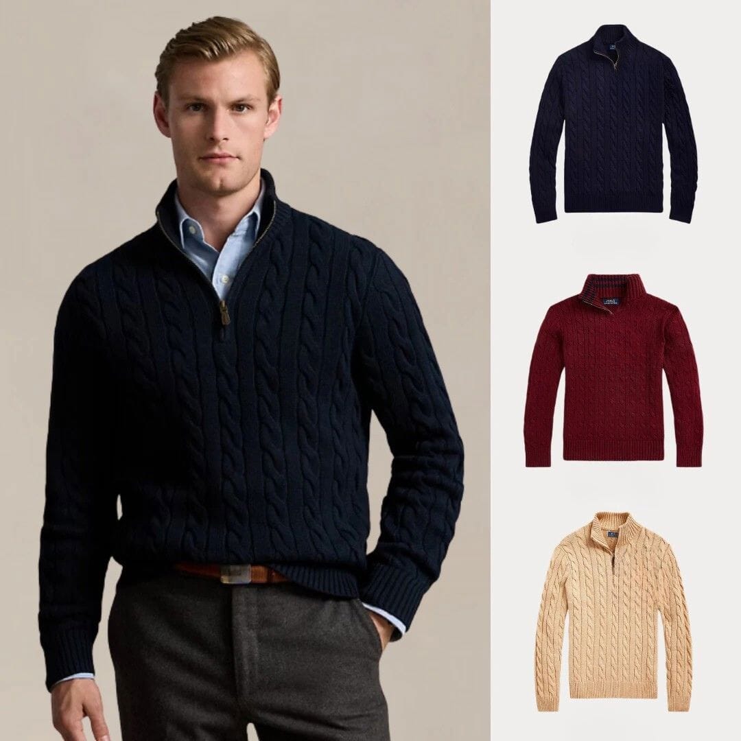 Kaufen Sie 1, erhalten Sie 3 – Winterset Baumwollstrickpullover mit Zopfmuster und Reißverschluss Adelstein Marineblau • Burgunderrot • Beige S