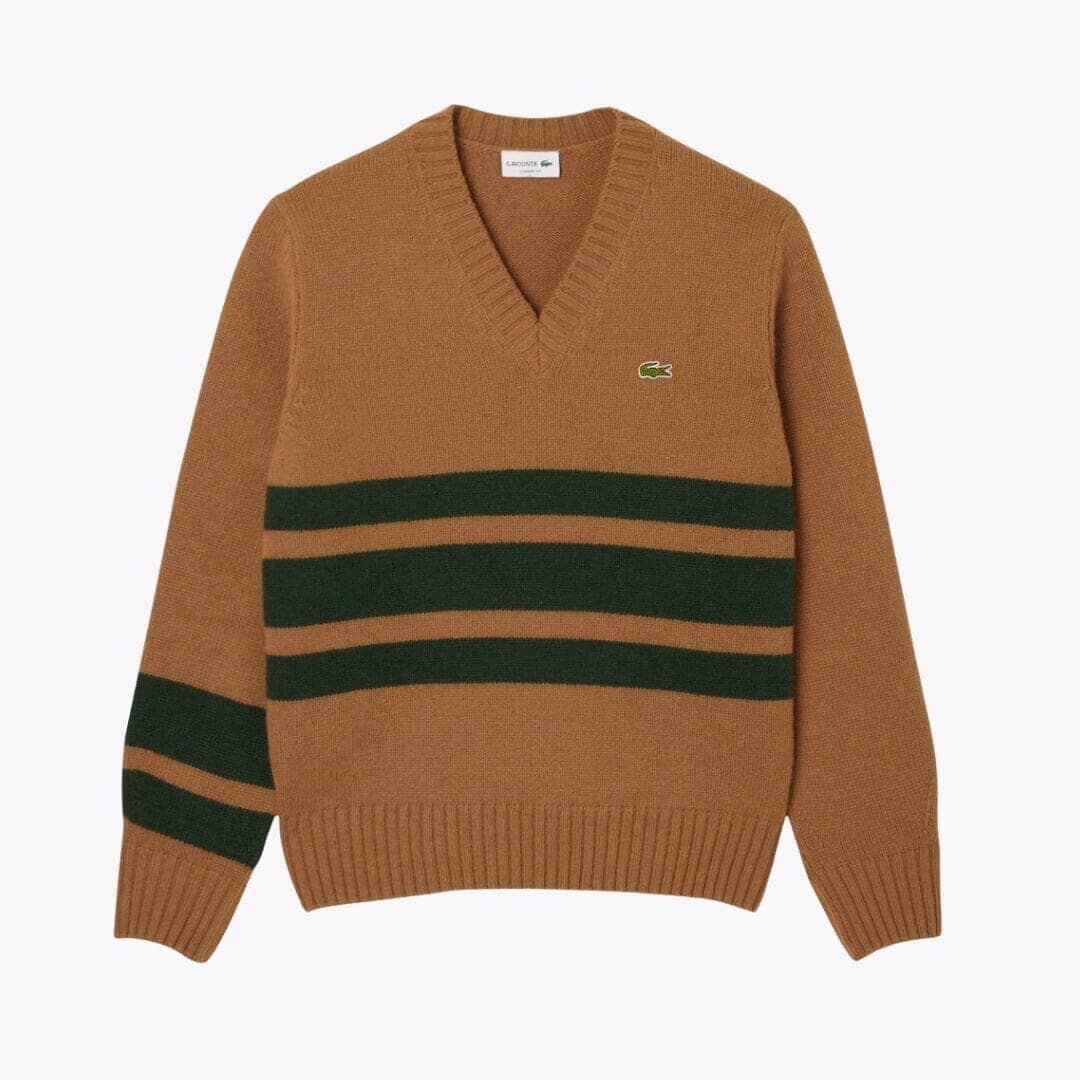 LC Striped Wool V Neck Sweater Lacoste Adelstein Brown / green S