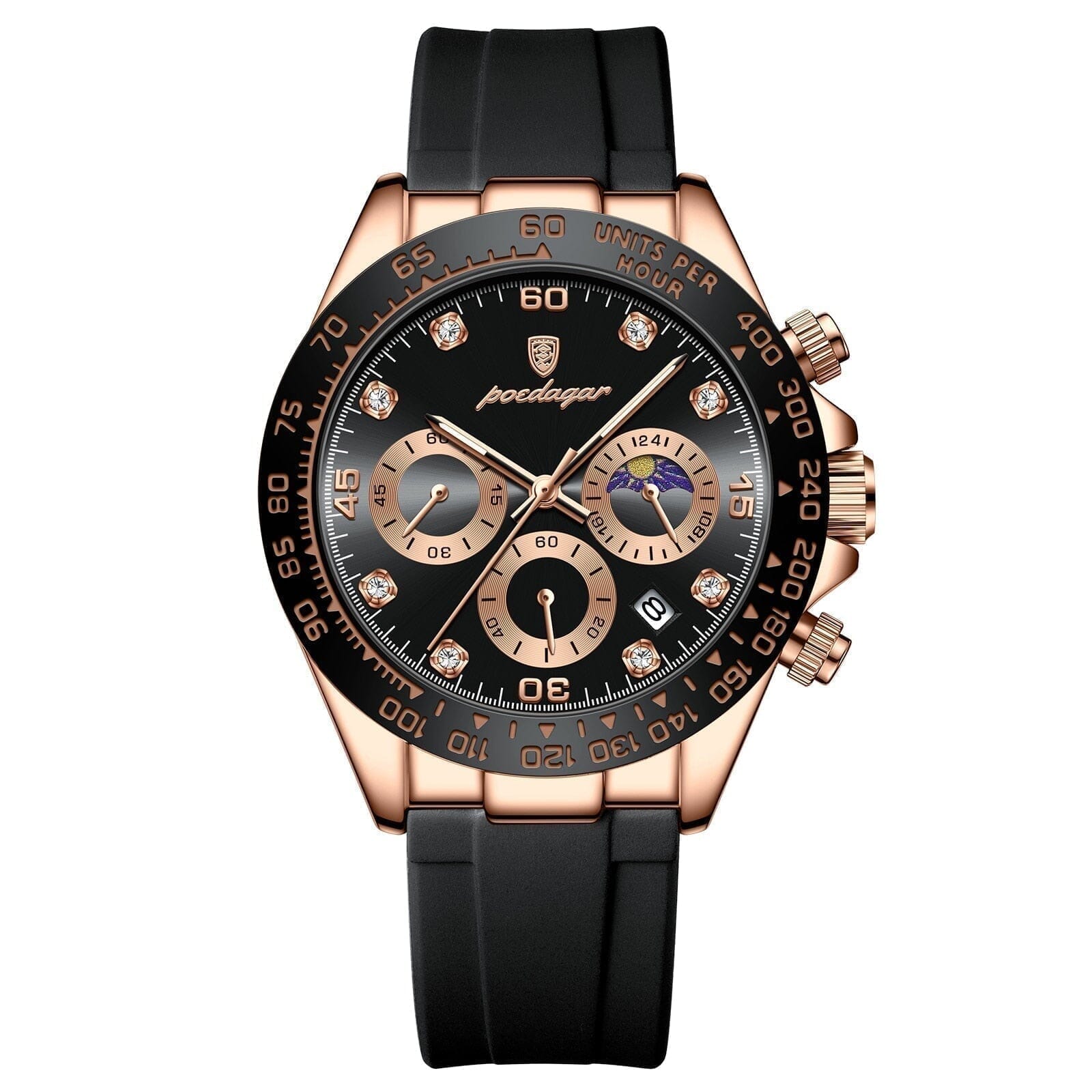 POEDAGAR Watch Chronograph Fase Date Poedagar Adelstein Rose Gold Black