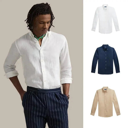 Kaufen Sie 1, erhalten Sie 3 – Klassisches Leinenhemd Adelstein Keramikweiß • Marineblau • Küstenbeige S 