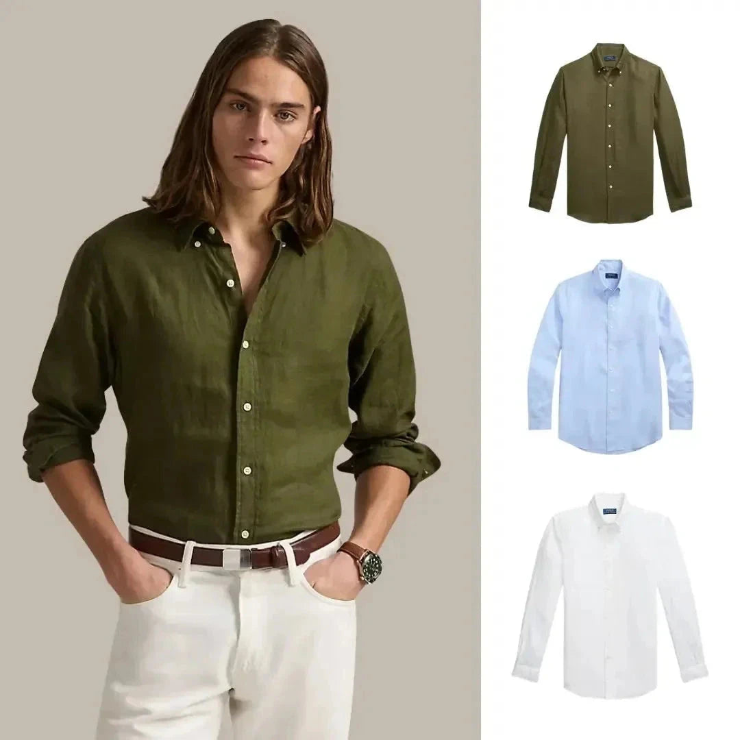 Kaufen Sie 1, erhalten Sie 3 – Klassisches Leinenhemd Adelstein Olivgrün • Keramikweiß • Klassisches Blau S 