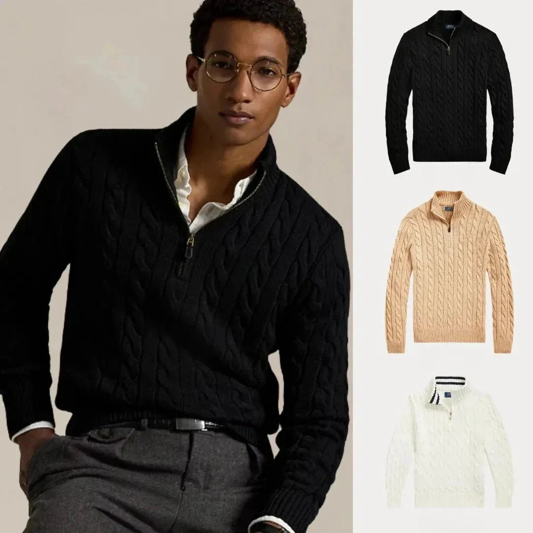 Kaufen Sie 1, erhalten Sie 3 – Winterset Baumwollstrickpullover mit Zopfmuster und Reißverschluss Adelstein SCHWARZ • BEIGE • WEISS S 