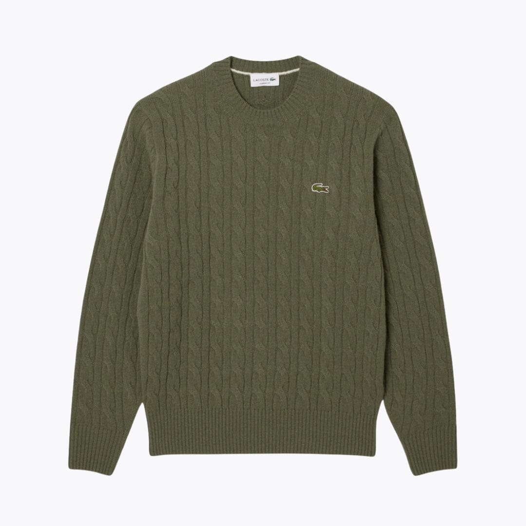 LC Cable Knit Carded Wool Crew Neck Sweater Lacoste Adelstein Khaki S 