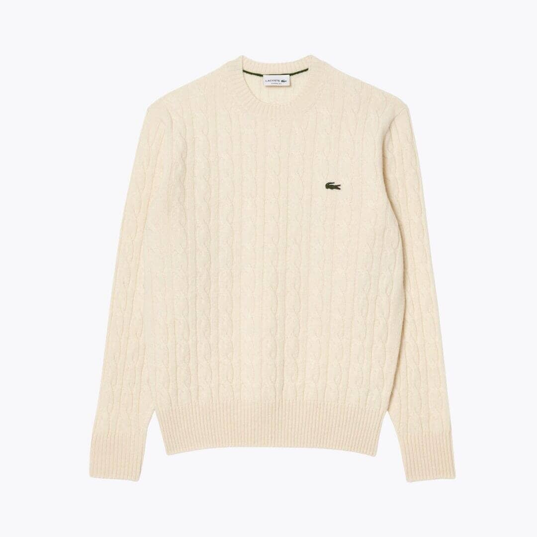 LC Cable Knit Carded Wool Crew Neck Sweater Lacoste Adelstein White S 