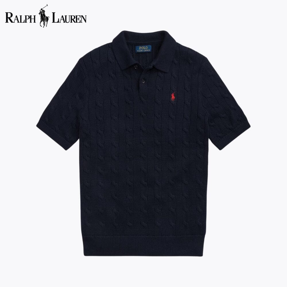 RL Cable-Knit Cotton Polo-Collar Sweater Ralph Lauren Adelstein Blue Navy S 