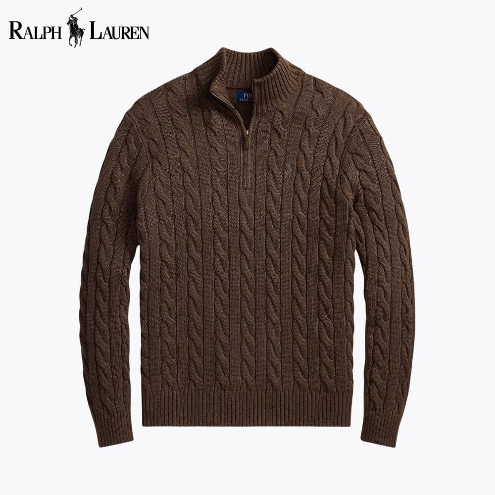 RL Chunky Cable-Knit Cotton Quarter-Zip Sweater Ralph Lauren Adelstein Brown S 