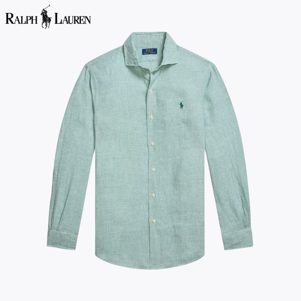 RL Custom Fit Linen Shirt Ralph Lauren Adelstein Green White S 