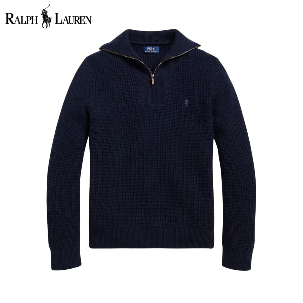 RL Waffle-Knit Wool-Cotton Quarter-Zip Sweater Ralph Lauren Adelstein Blue Navy S 