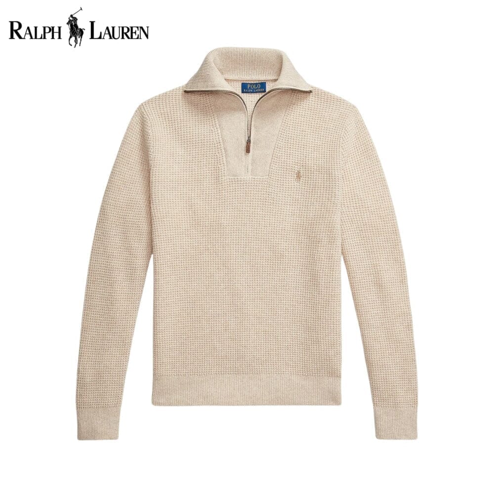 RL Waffle-Knit Wool-Cotton Quarter-Zip Sweater Ralph Lauren Adelstein Cream S 