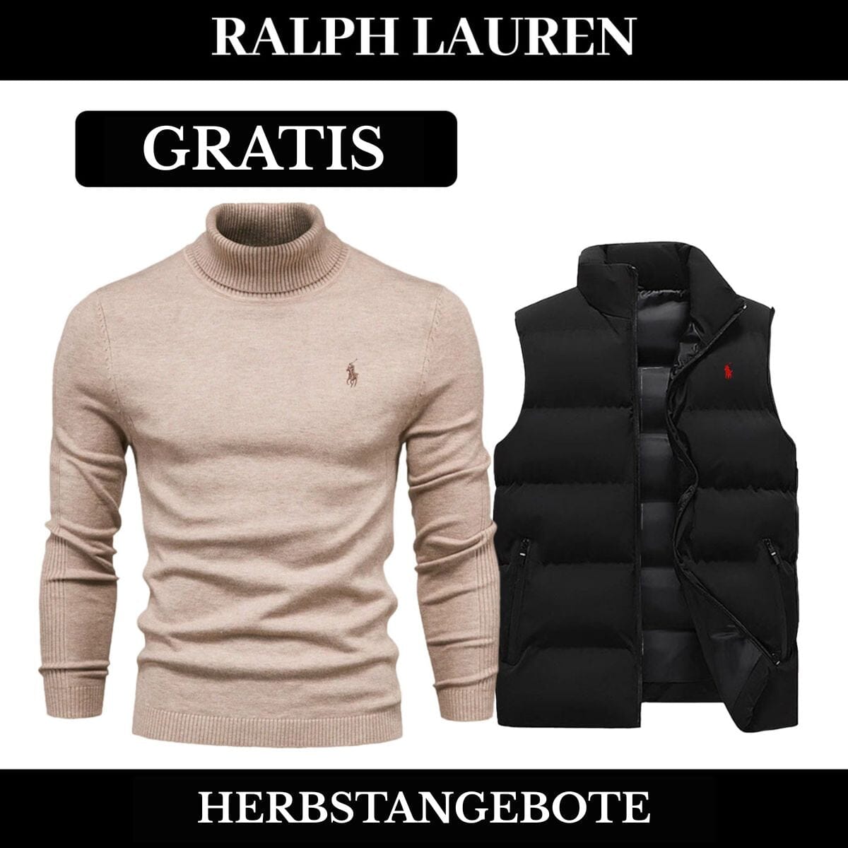 RL Weste + Gratis-Pullover (LAGERRÄUMUNG) Ralph Lauren Adelstein NoirSchwarz Beige M
