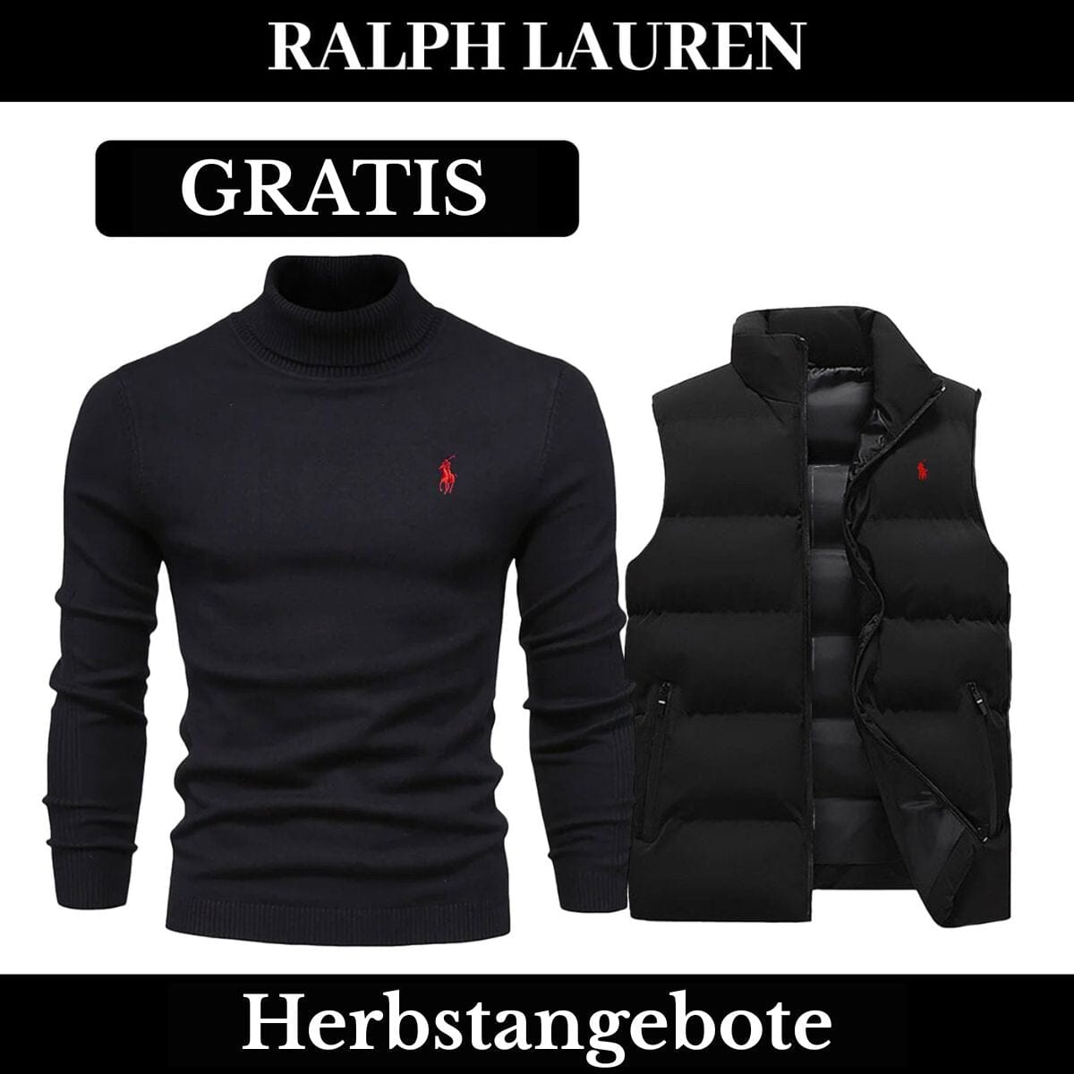 RL Weste + Gratis-Pullover (LAGERRÄUMUNG) Ralph Lauren Adelstein NoirSchwarz Schwarz M